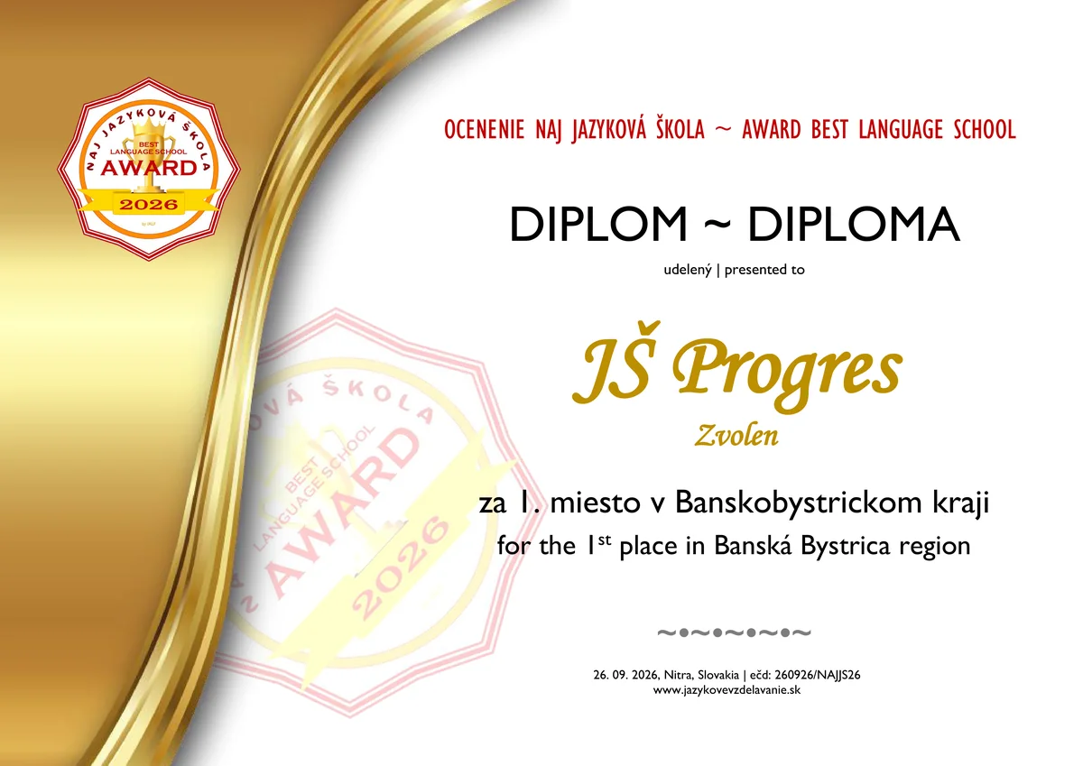Diplom Naj jazyková škola 2026 pre JŠ Progres Zvolen